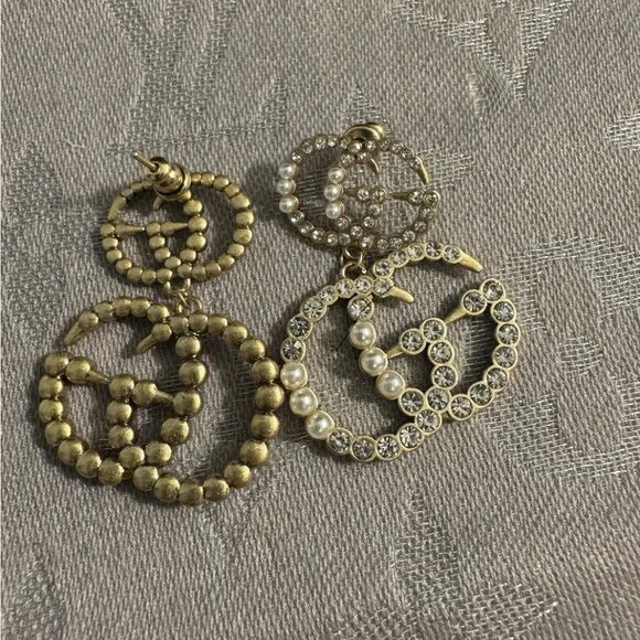 Gucci Crystal and Gold Tone Large Faux Pearl Earrings